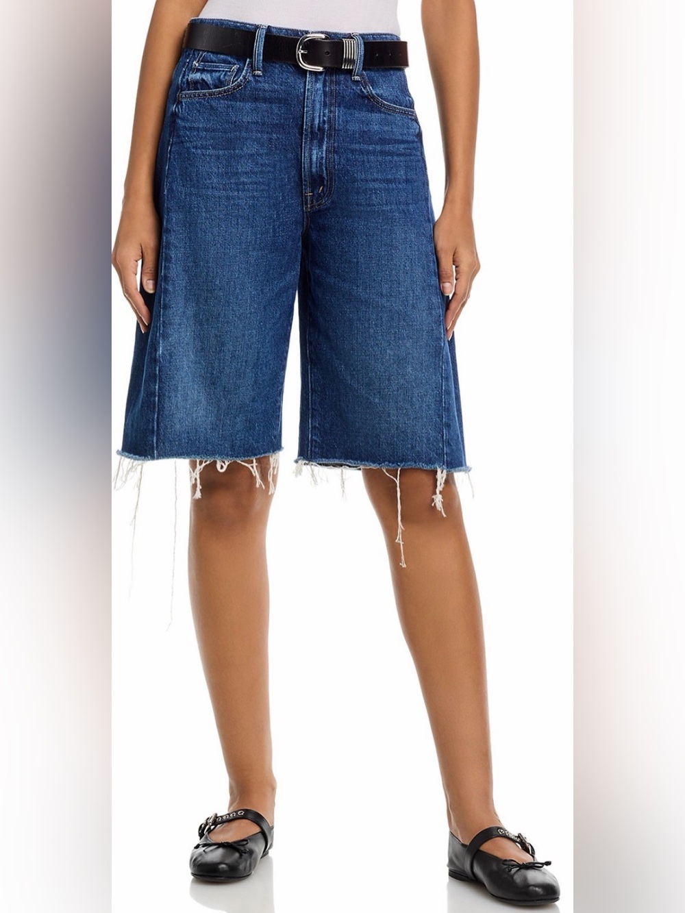 MOTHER Halfpipe High Rise Bermuda Fray Jean Shorts in Did You Bring Me Anything.